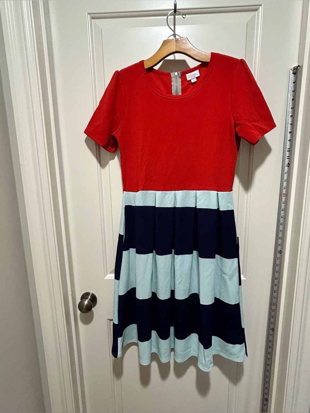 LuLaRoe women’s size L Red Top with Navy and Light Blue Striped Dress. LIKE NEW